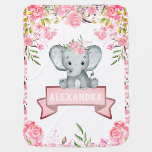 Cute Baby Girl Elephant Pink Floral Custom Name Blanket
