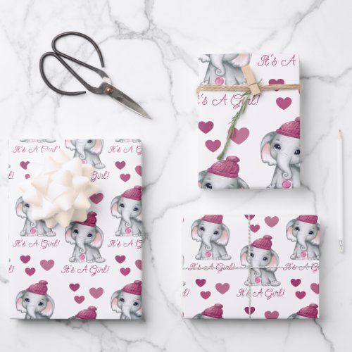 Cute Baby Girl Elephant Winter Baby Shower Pink Wrapping Paper Sheets