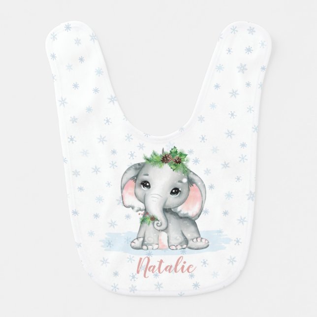 Cute Baby Girl Elephant Winter Snowflakes Name Baby Bib (Front)