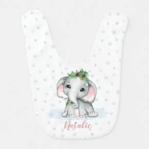 Cute Baby Girl Elephant Winter Snowflakes Name Bib