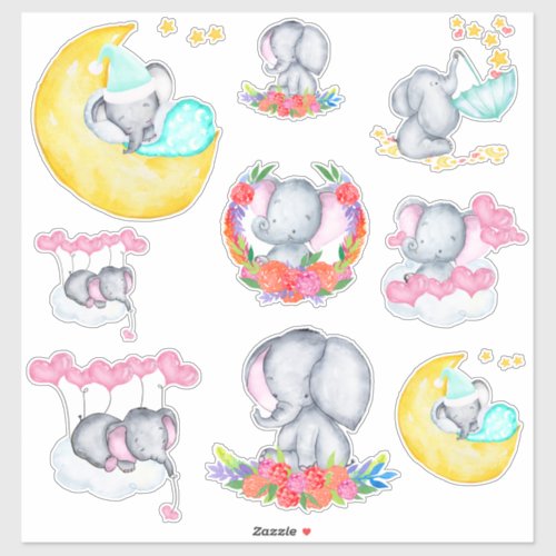 Cute Baby Girl Elephants Set of 9 Vinyl Sticker