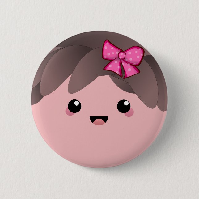 Cute Baby Girl Face with Pink Bow Gender Reveal Button (Front)