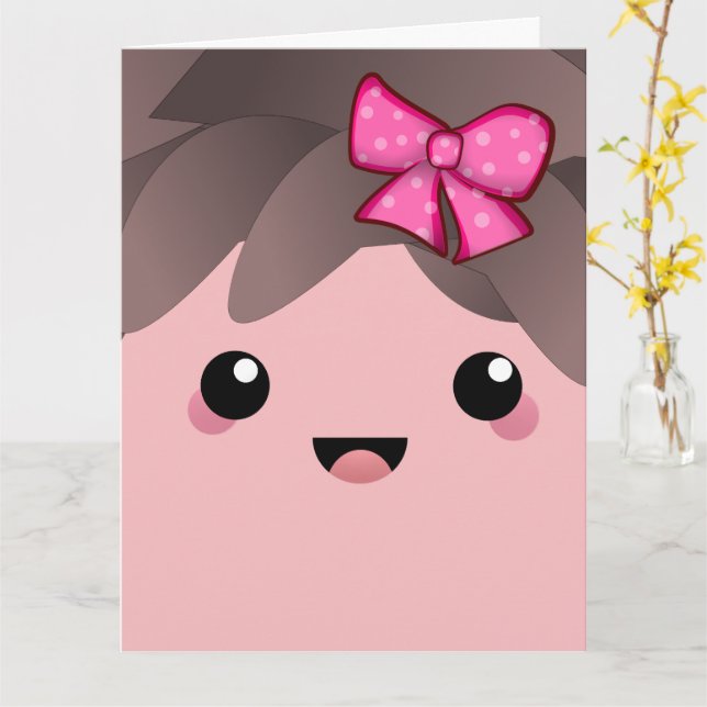 Cute Baby Girl Face with Pink Bow Gender Reveal Card (Yellow Flower)