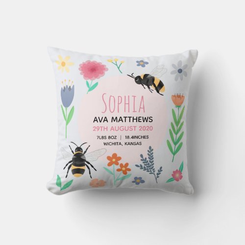 Cute Baby Girl Floral Bee Birth Stats Throw Pillow