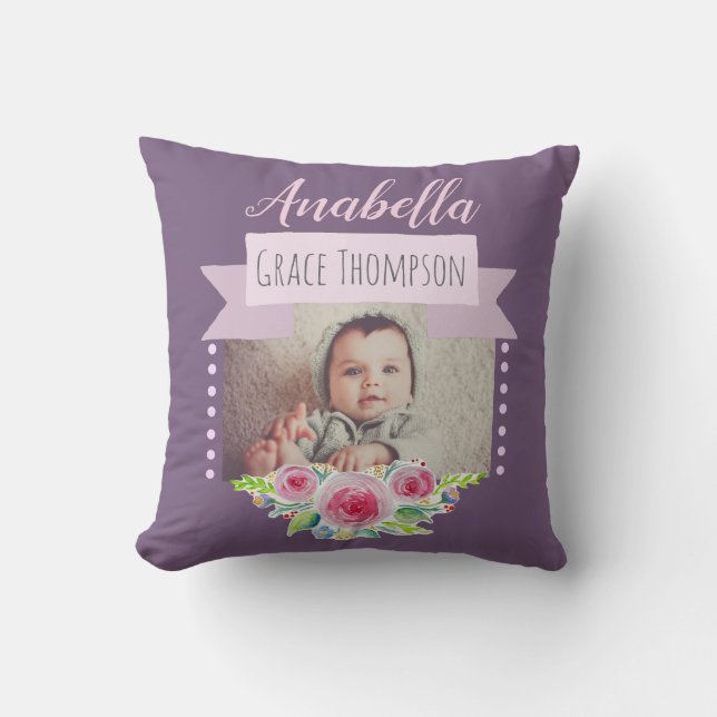 Cute Baby Girl Flower Photo Birth Announcement Throw Pillow (Front)