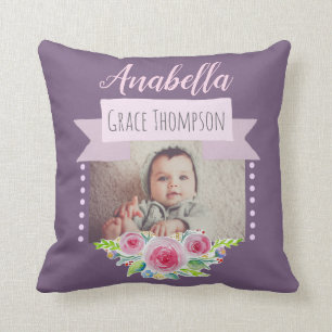 Cute Baby Girl Flower Photo Birth Announcement Throw Pillow