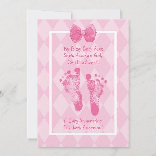 Cute Baby Girl Footprints Baby Shower Pink Ribbon Invitations