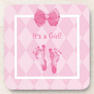 Cute Baby Girl Footprints Birth Announcement Beverage Coaster