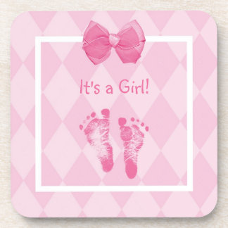 Cute Baby Girl Footprints Birth Announcement Beverage Coaster
