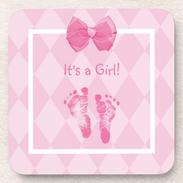 Cute Baby Girl Footprints Birth Announcement Beverage Coaster (Front)