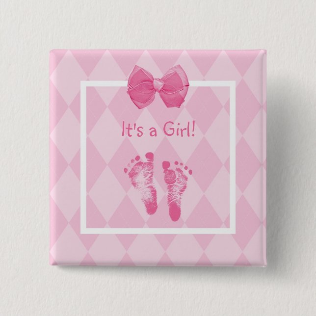Cute Baby Girl Footprints Birth Announcement Button (Front)