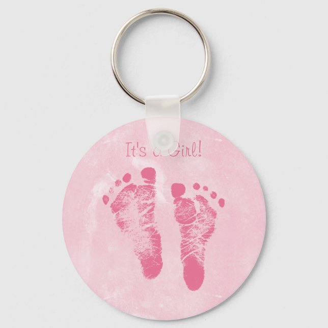 Cute Baby Girl Footprints Birth Announcement Keychain (Front)