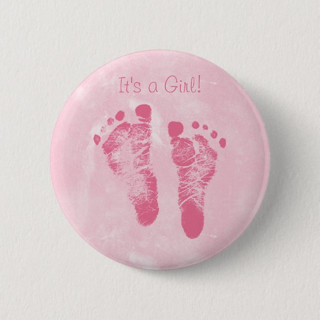 Cute Baby Girl Footprints Birth Announcement Pinback Button (Front)