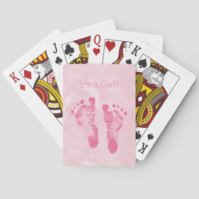 Cute Baby Girl Footprints Birth Announcement Poker Cards (Back)