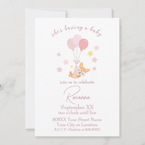 Cute Baby Girl Fox and Balloons Baby Shower Invitation