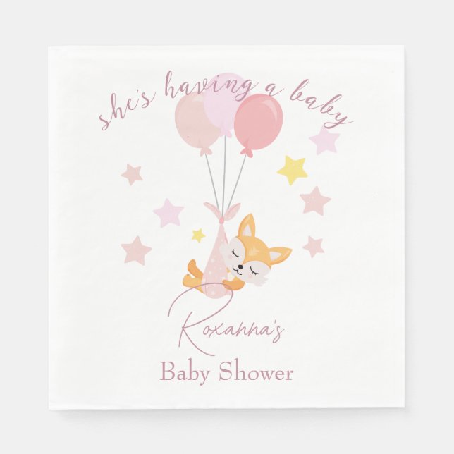Cute Baby Girl Fox and Balloons Napkins (Front)