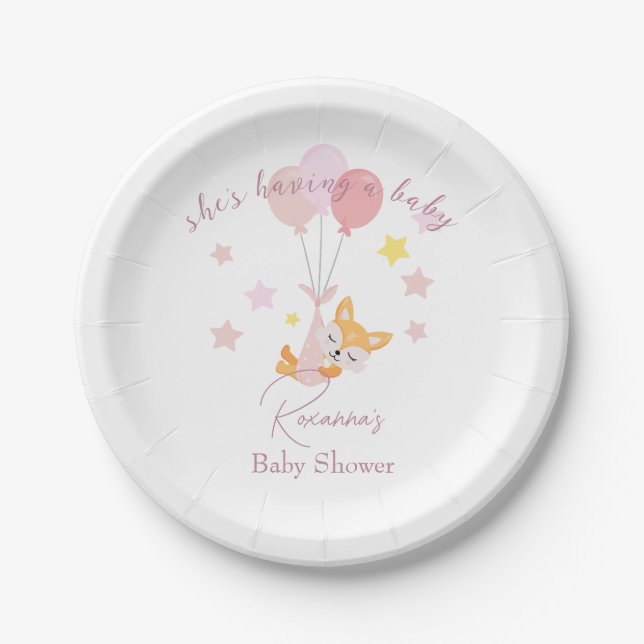 Cute Baby Girl Fox and Balloons Paper Plates (Front)