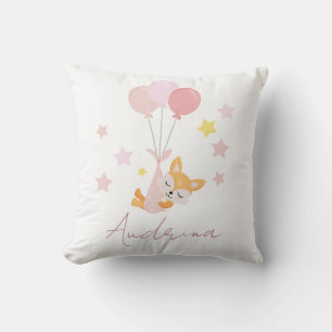 Cute Baby Girl Fox and Balloons Throw Pillow