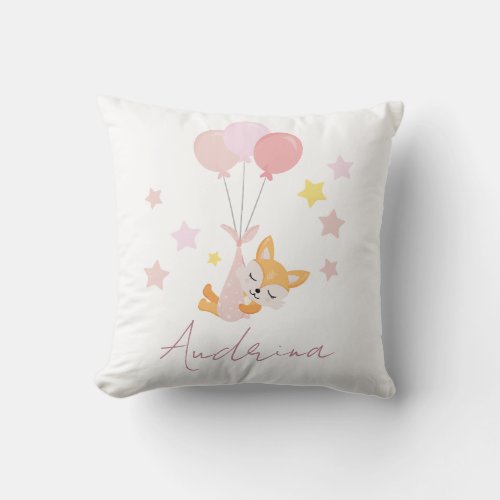 Cute Baby Girl Fox and Balloons Throw Pillow