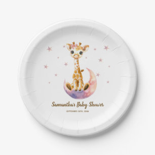 Cute Baby Girl Giraffe Watercolor Baby Shower Paper Plates
