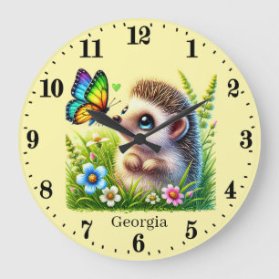 Cute baby girl hedgehog add name nursery large clock