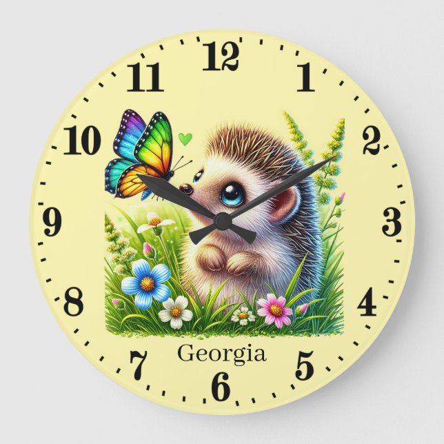 Cute baby girl hedgehog add name nursery large clock (Front)