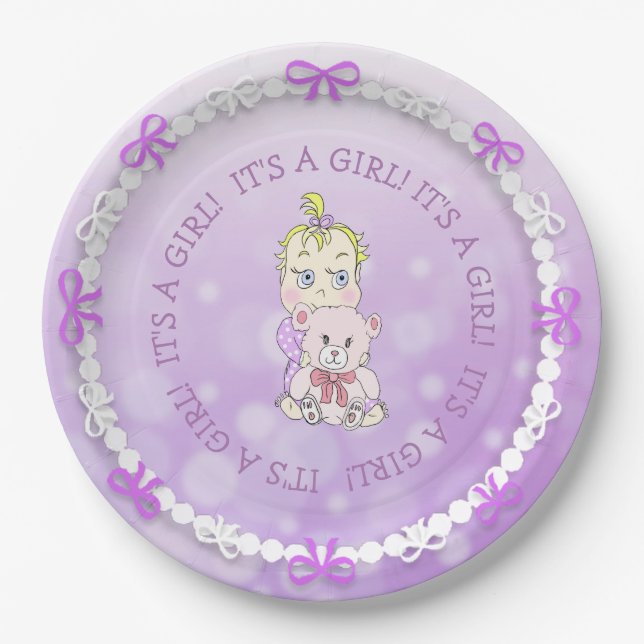 Cute Baby Girl Holding Teddy Bear Baby Shower Paper Plates (Front)