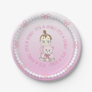 Cute Baby Girl Holding Teddy Bear Baby Shower Paper Plates