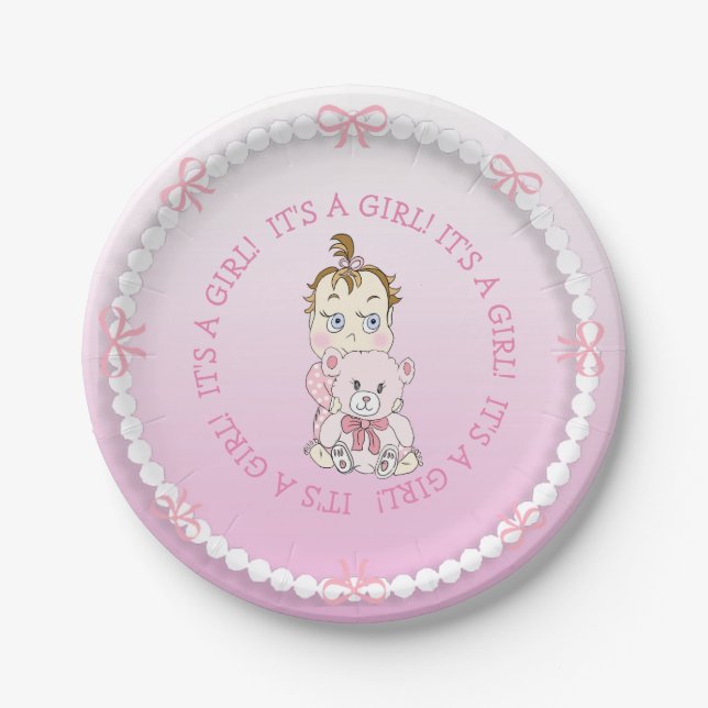 Cute Baby Girl Holding Teddy Bear Baby Shower Paper Plates (Front)