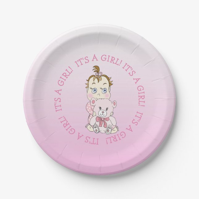 Cute Baby Girl Holding Teddy Bear Baby Shower Paper Plates (Front)