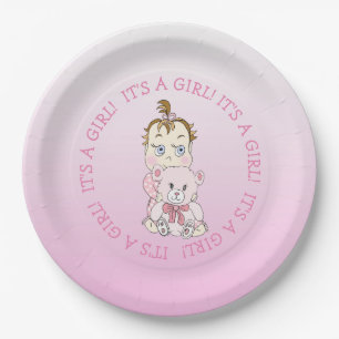 Cute Baby Girl Holding Teddy Bear Baby Shower Paper Plates
