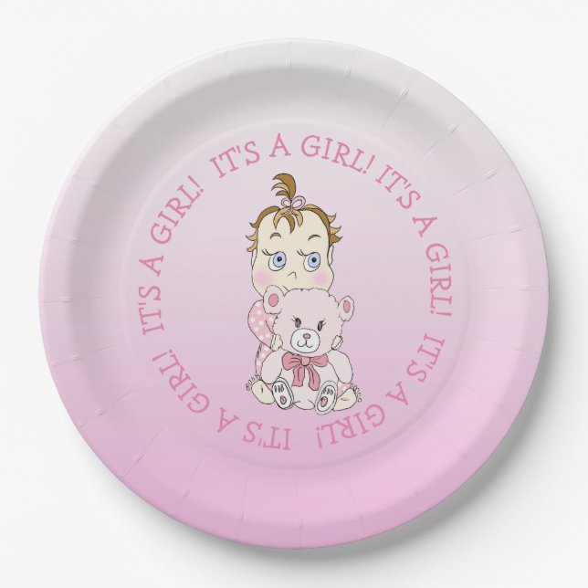 Cute Baby Girl Holding Teddy Bear Baby Shower Paper Plates (Front)