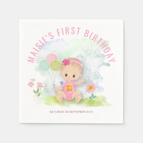 Cute Baby Girl illustration First Birthday Party Napkins