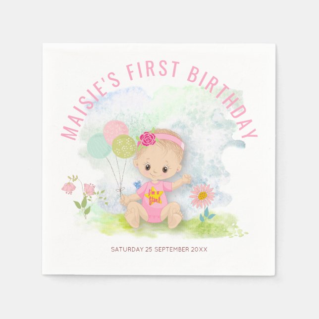 Cute Baby Girl illustration First Birthday Party Napkins (Front)