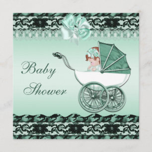 Cute Baby Girl in Green Carriage Baby Shower Invitation