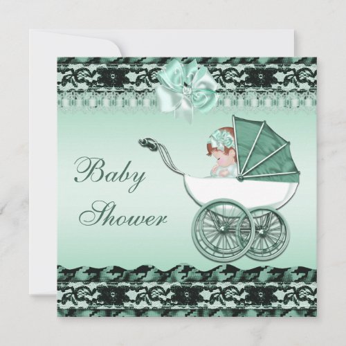 Cute Baby Girl in Green Carriage Baby Shower Invitation