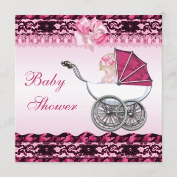 Cute Baby Girl In Pink Carriage Baby Shower Invitation by GroovyGraphics at Zazzle