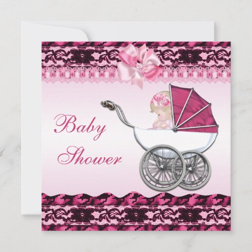 Cute Baby Girl in Pink Carriage Baby Shower Invitation