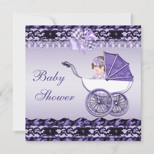 Cute Baby Girl in Purple Carriage Baby Shower Invitation