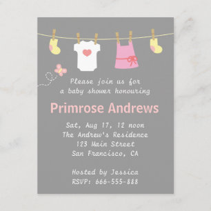 Cute Baby Girl Items on Clothes Line Baby Shower Invitation