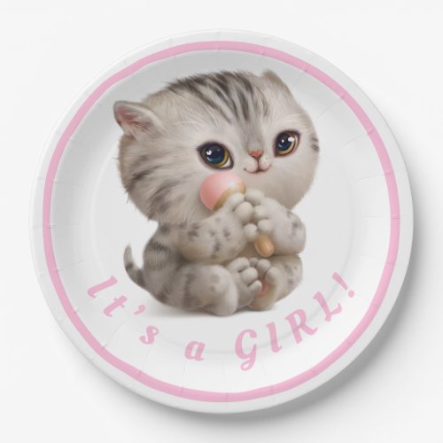 Cute Baby Girl Kitten Hand Drawn Pink Typography Paper Plates