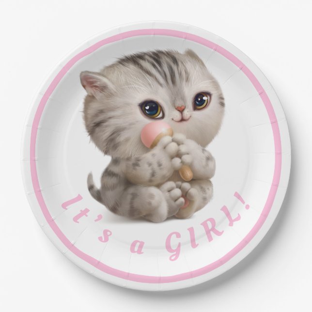 Cute Baby Girl Kitten Hand Drawn Pink Typography Paper Plates (Front)