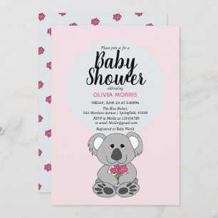 Cute Baby Girl Koala Bear Cartoon Name Baby Shower Invitation