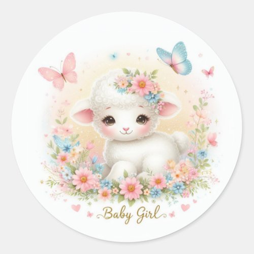 Cute Baby Girl Lamb Butterflies and Flowers Classic Round Sticker