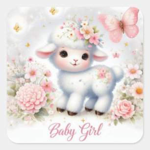 Cute Baby Girl Lamb with Flowers and Butterflies Square Sticker