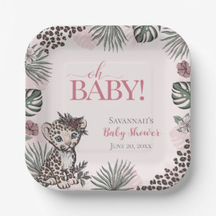 Cute Baby Girl Leopard Cub Pink Baby Shower Paper Plates