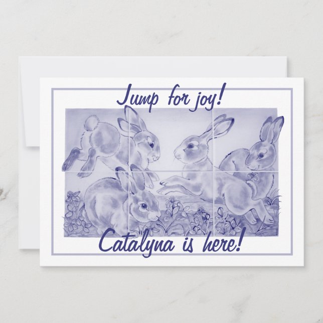 Cute Baby Girl or Boy Bunny Art Personalized Birth Announcement (Front)