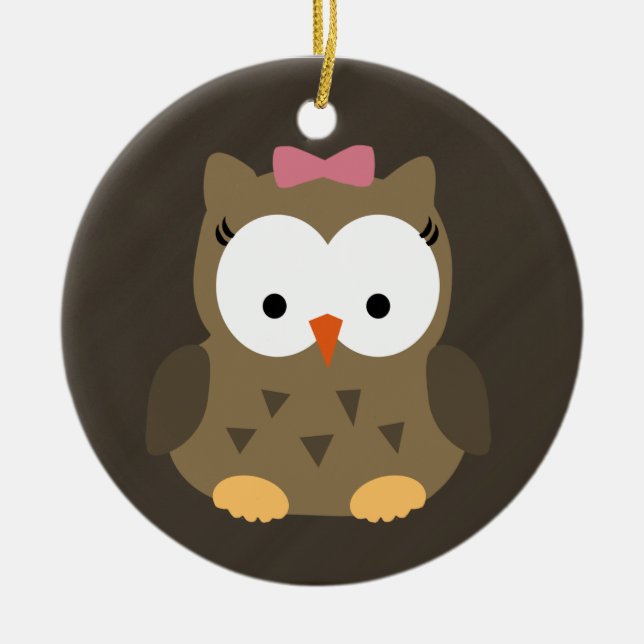 Cute Baby Girl Owl with Pink Bow Ceramic Ornament (Front)
