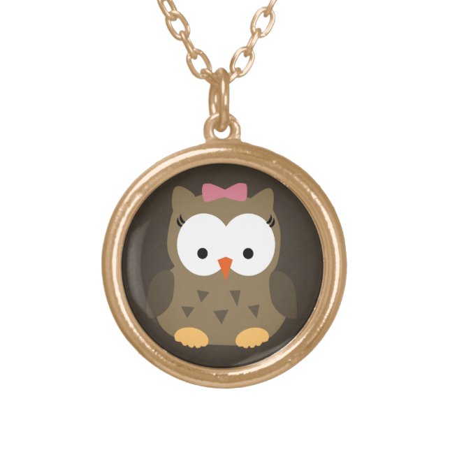 Cute Baby Girl Owl with Pink Bow Gold Plated Necklace (Front)