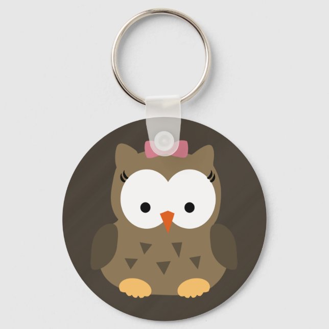 Cute Baby Girl Owl with Pink Bow Keychain (Front)